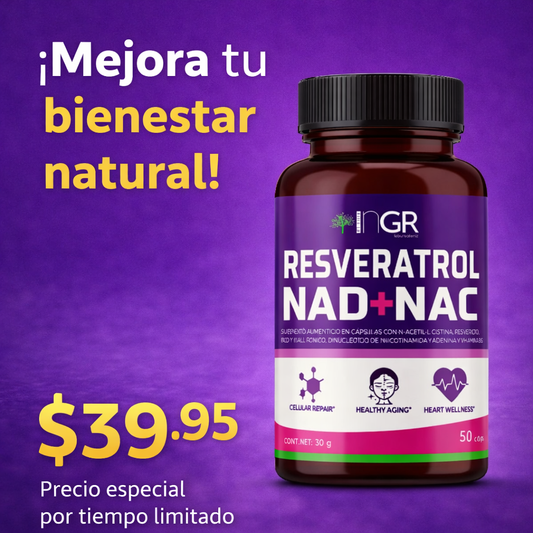 RESVERATROL NAD + NAC Energía celular, bienestar diario y envejecimiento saludable desde el interior.